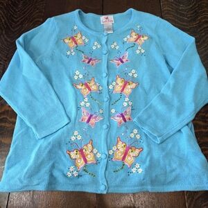 Vintage Quacker Factory aqua cardigan sweater with embroidered butterflies sequi